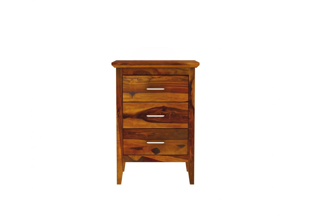 Wooden Bedside Table For Bedroom | Side Table With 3 Drawers Storage For Living Room | Sheesham Wood, Honey Finish