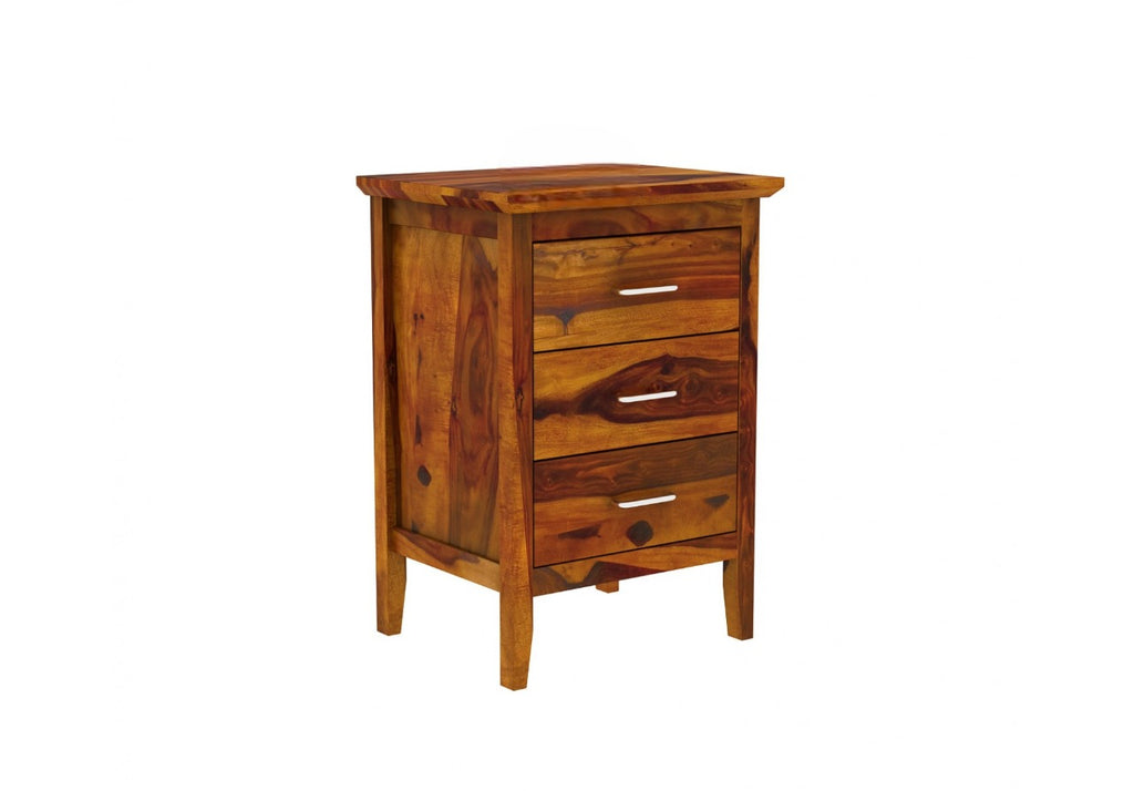 Wooden Bedside Table For Bedroom | Side Table With 3 Drawers Storage For Living Room | Sheesham Wood, Honey Finish