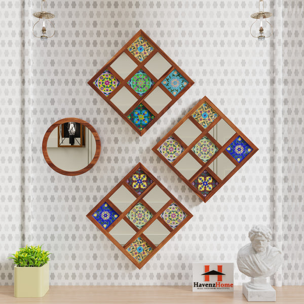 Sheesham Wood Wall Hanging Decoration Item for Home, Wall Plates with Mirror | Office | Gift | Wall Art | Living Room | Bedroom, Decorative Items