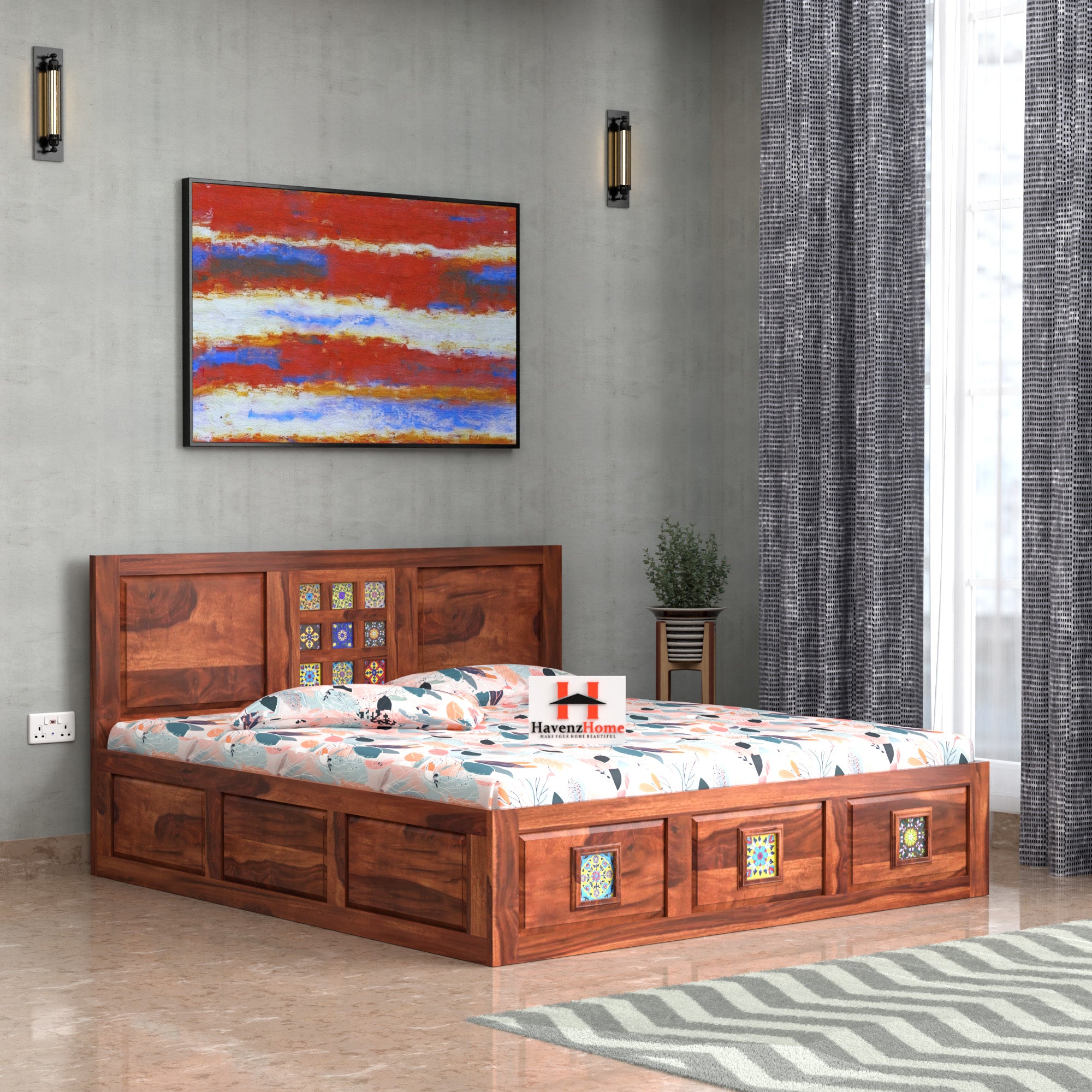 HavenzHome Sheesham Wood King Size Bed With Box Storage.