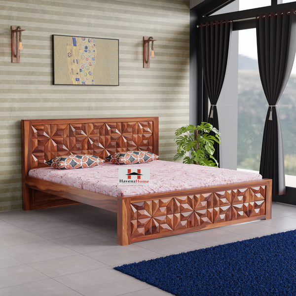 Sheesham Wood King Size Bed Without Storage,Includes Bedside,Natural Color, Minimalist Design,12-Month Warranty,Secure Packaging (Double Bedside)