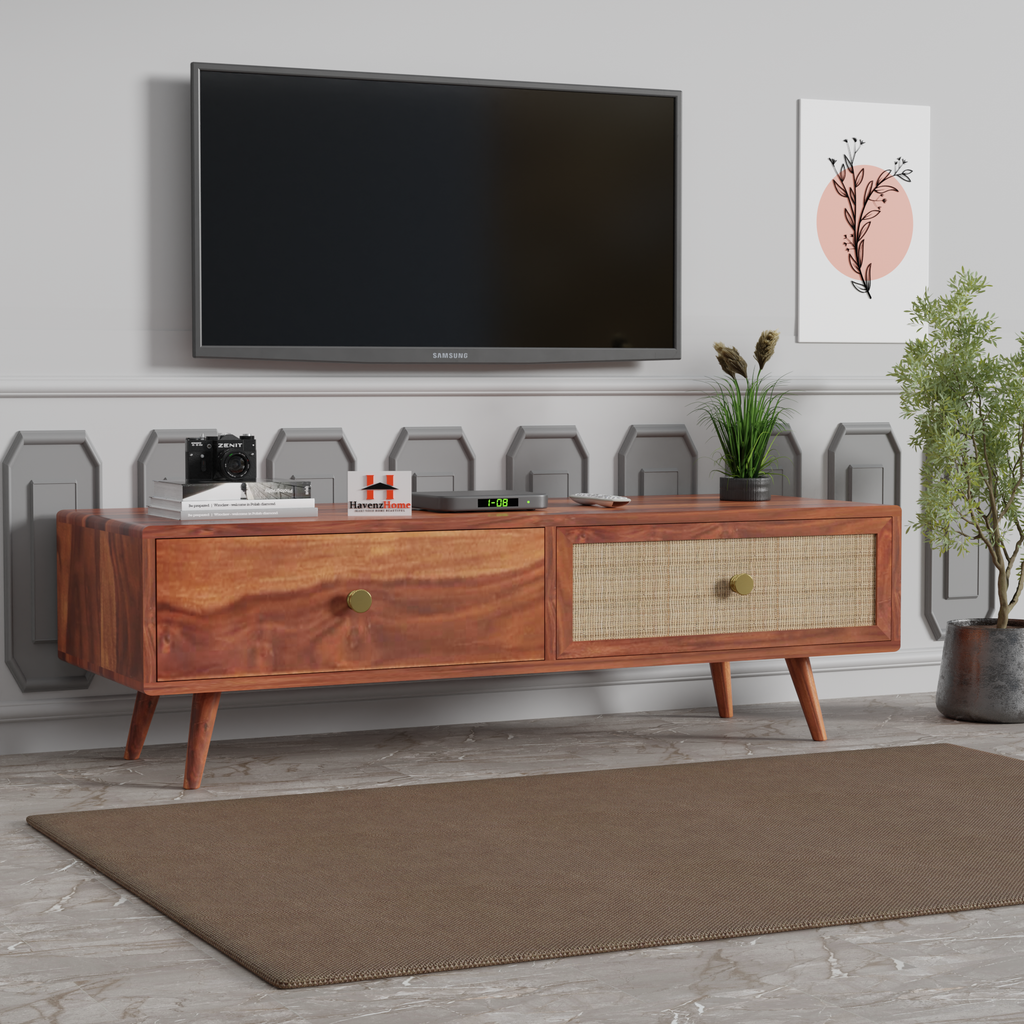 Solid Sheesham Wood Multipurpose TV Cabinet & Entertainment Unit for Living Room Furniture with Shelf Storage Natural Honey with Glossy Finish (Natural Honey, T.V Unit)