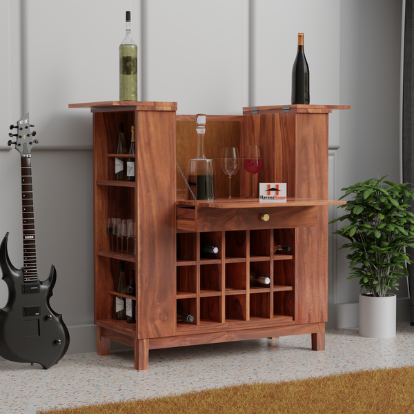 Havenz Home Solid Sheesham Wood Bar Cabinet for Living Room | Medium Wooden Mini Bar Unit with Wine Rack & Glass Holder | Hard & Soft Drink Storage | Home & Hotel Bar Cabinet – Honey Finish