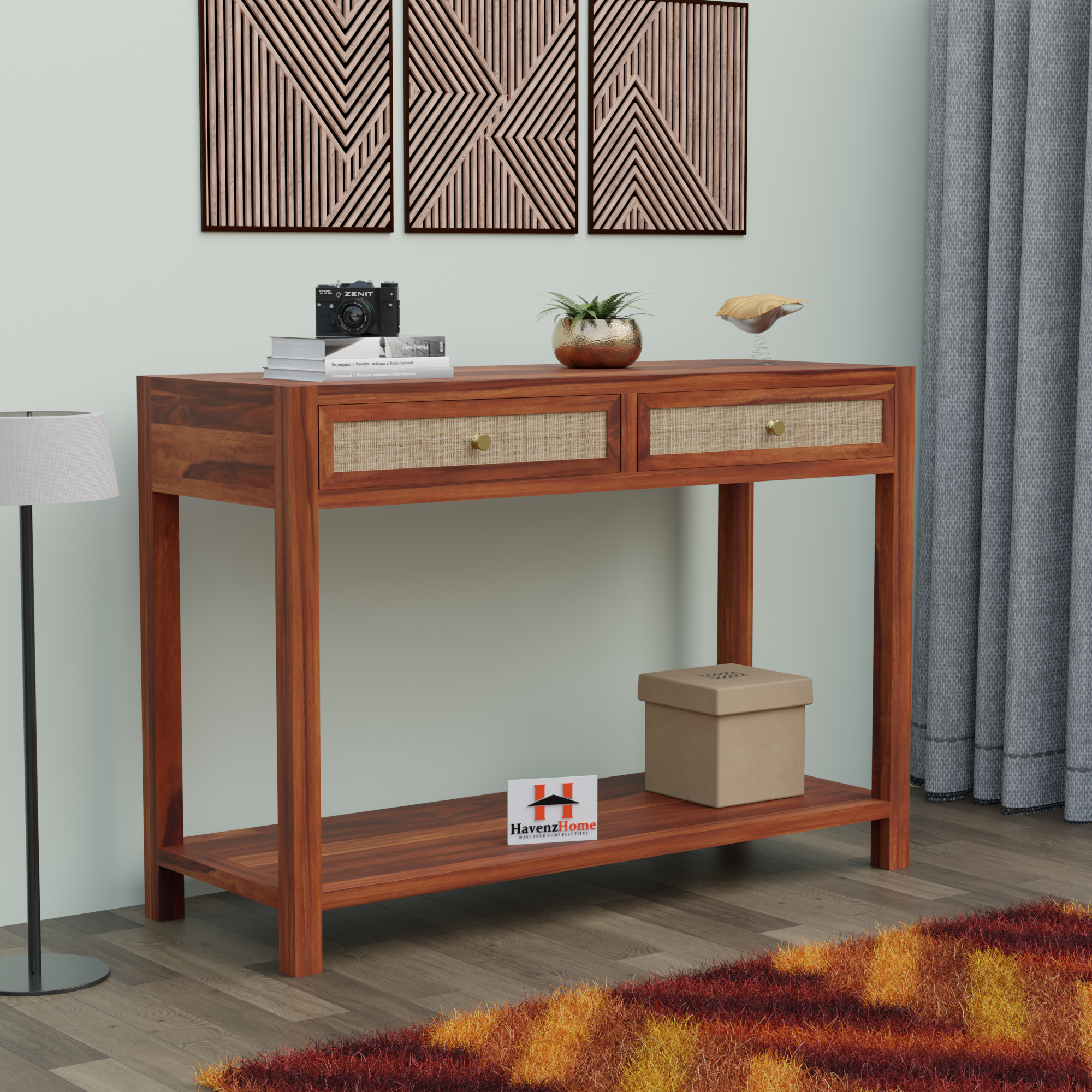 Solid Sheesham Wood Console Table for Living Room | Bedroom | Wooden Console Table with 2 Drawers and 1 Open Shelves Storage Home Furniture | Finish Color - Honey Teak Finish |