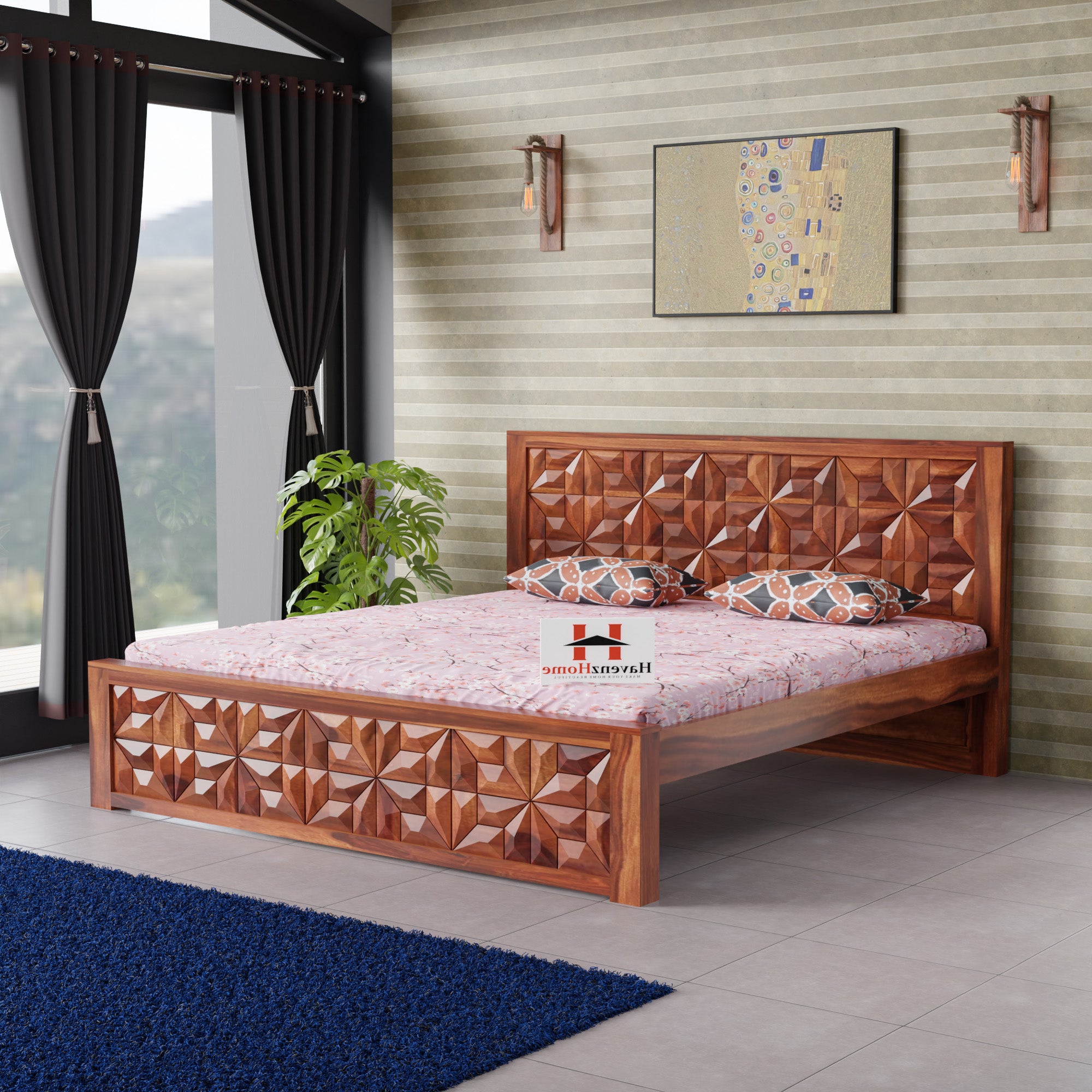 Sheesham Wood King Size Bed Without Storage,Includes Bedside,Natural Color, Minimalist Design,12-Month Warranty,Secure Packaging (Double Bedside)