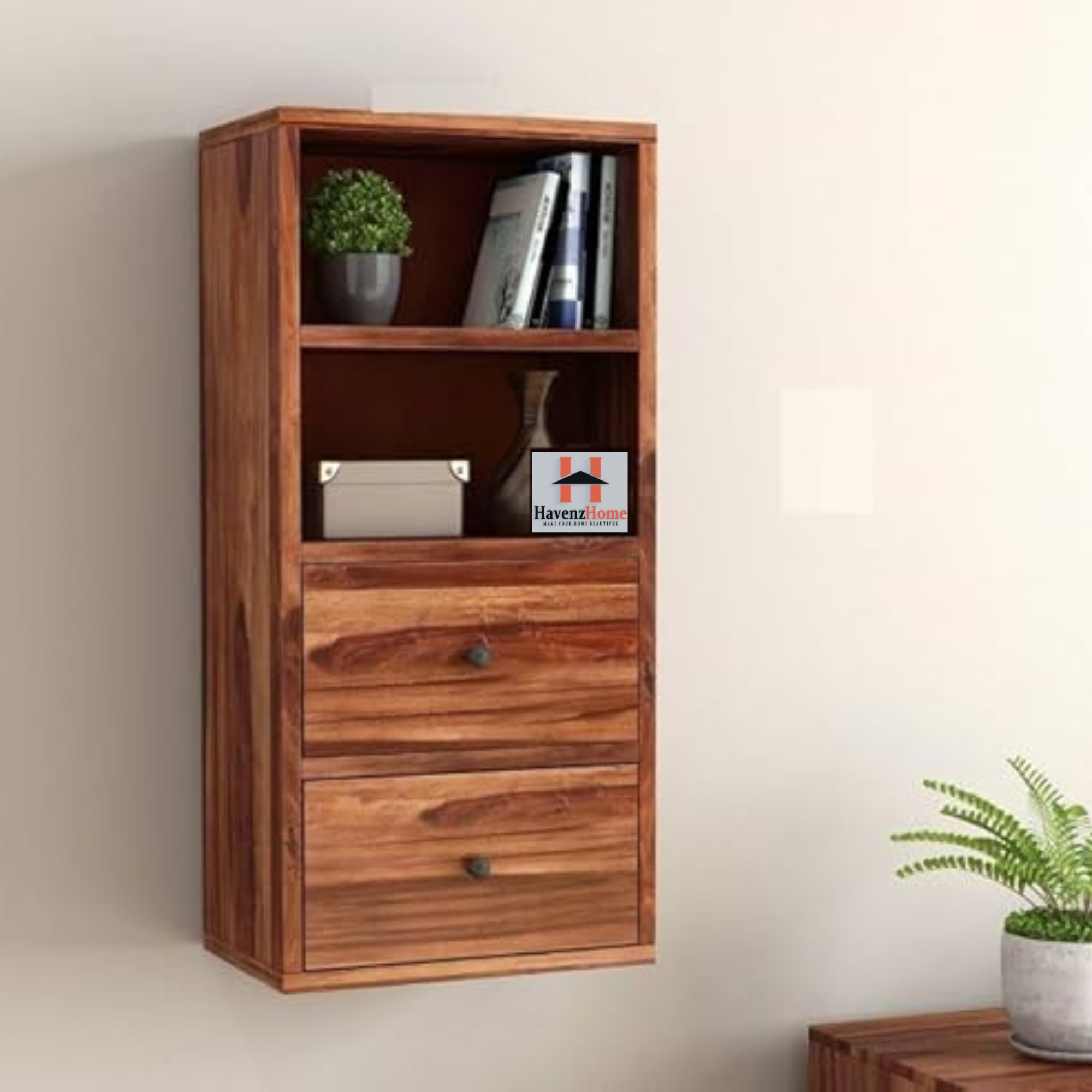 HavenzHome Solid Wood Wall-Mounted Storage Cabinet With Two Spacious Drawers,Two Open Shelves(Natural Honey)