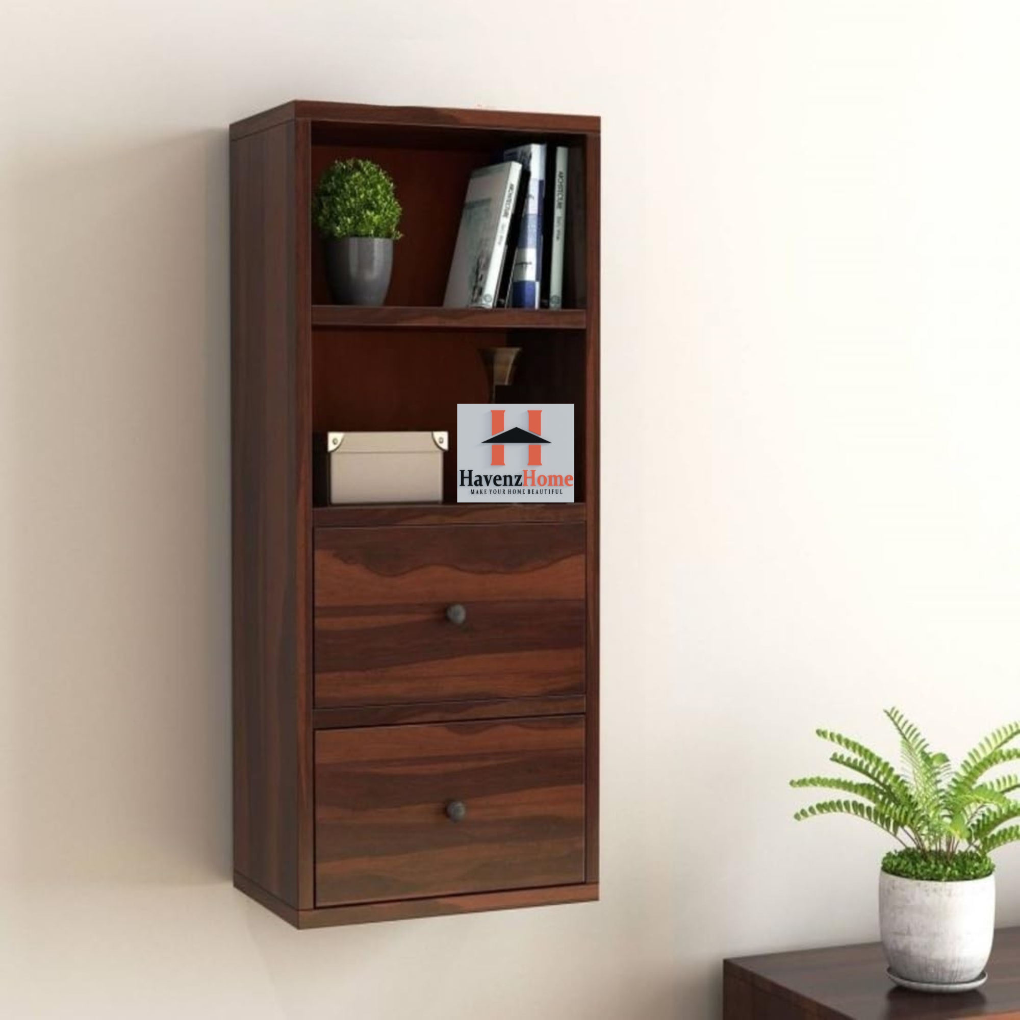 HavenzHome Solid Wood Wall-Mounted Storage Cabinet With Two Spacious Drawers,Two Open Shelves(Walnut)