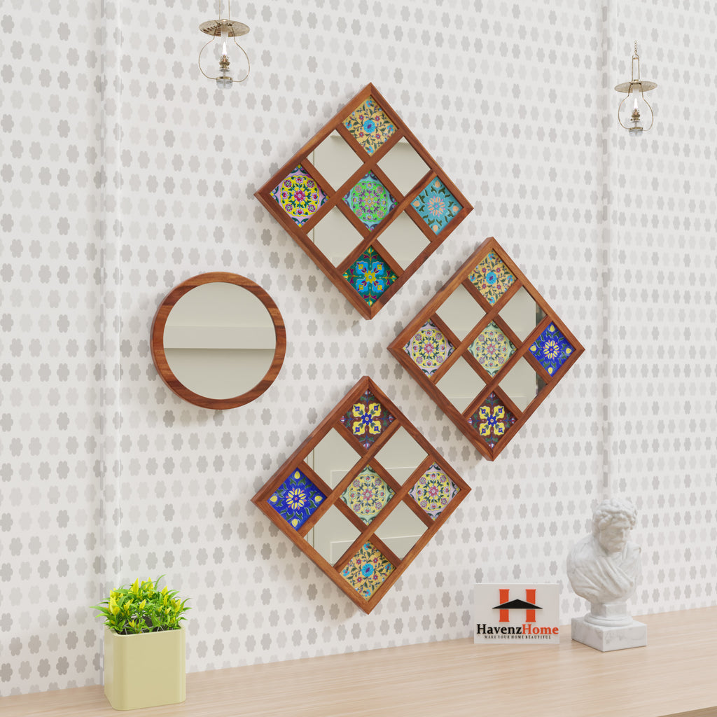 Sheesham Wood Wall Hanging Decoration Item for Home, Wall Plates with Mirror | Office | Gift | Wall Art | Living Room | Bedroom, Decorative Items