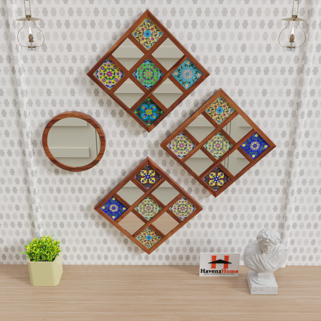 Sheesham Wood Wall Hanging Decoration Item for Home, Wall Plates with Mirror | Office | Gift | Wall Art | Living Room | Bedroom, Decorative Items