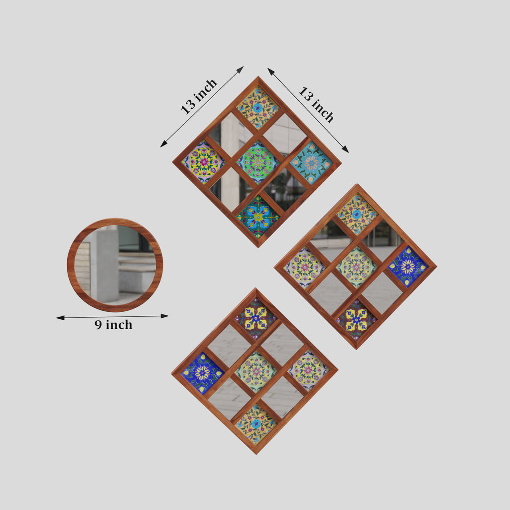 Sheesham Wood Wall Hanging Decoration Item for Home, Wall Plates with Mirror | Office | Gift | Wall Art | Living Room | Bedroom, Decorative Items