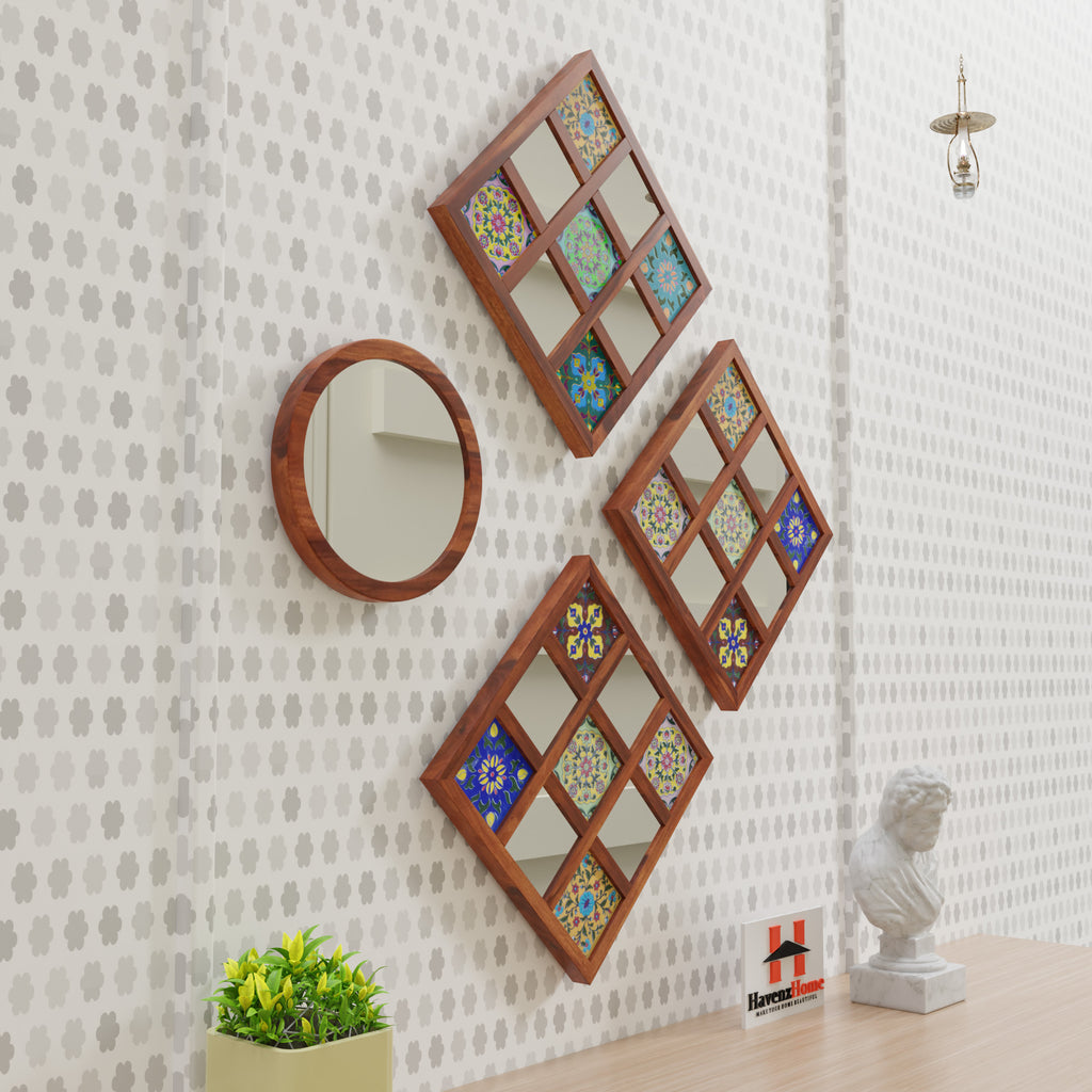 Sheesham Wood Wall Hanging Decoration Item for Home, Wall Plates with Mirror | Office | Gift | Wall Art | Living Room | Bedroom, Decorative Items