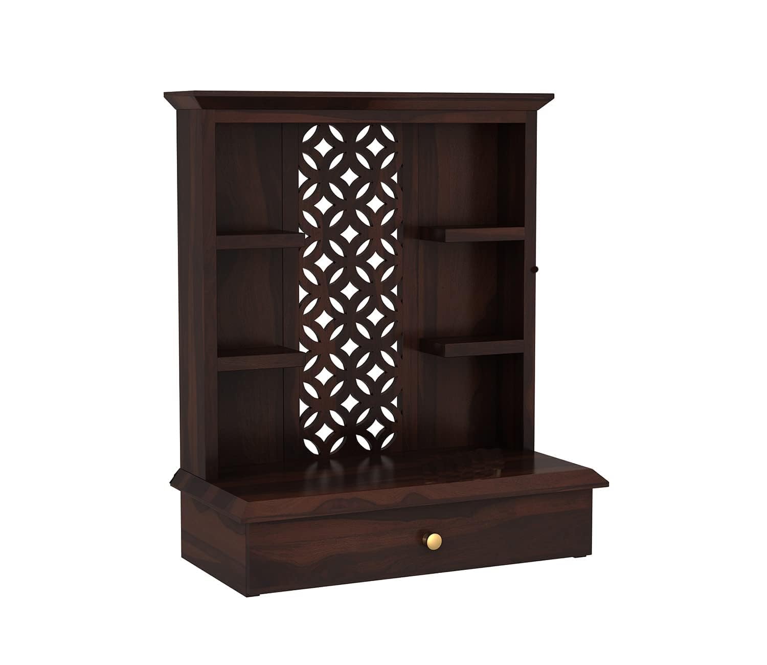 Wooden Temple for Home and Office | Solid Wood Mandir for Puja Ghar with One Large Storage Drawer and 4 Shelf (Sheesham Wood, 1 Piece, Walnut Finish)