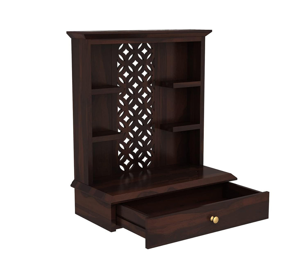 Wooden Temple for Home and Office | Solid Wood Mandir for Puja Ghar with One Large Storage Drawer and 4 Shelf (Sheesham Wood, 1 Piece, Walnut Finish)