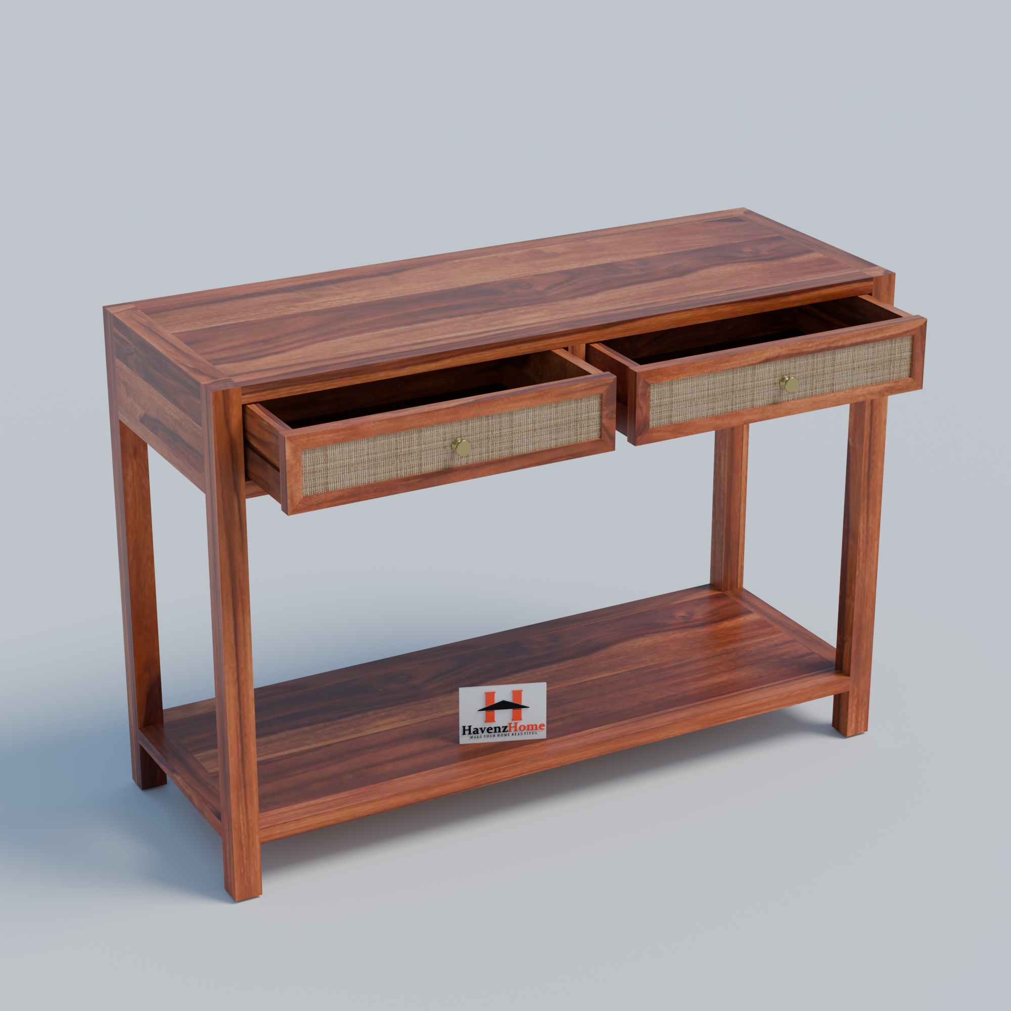 Solid Sheesham Wood Console Table for Living Room | Bedroom | Wooden Console Table with 2 Drawers and 1 Open Shelves Storage Home Furniture | Finish Color - Honey Teak Finish |