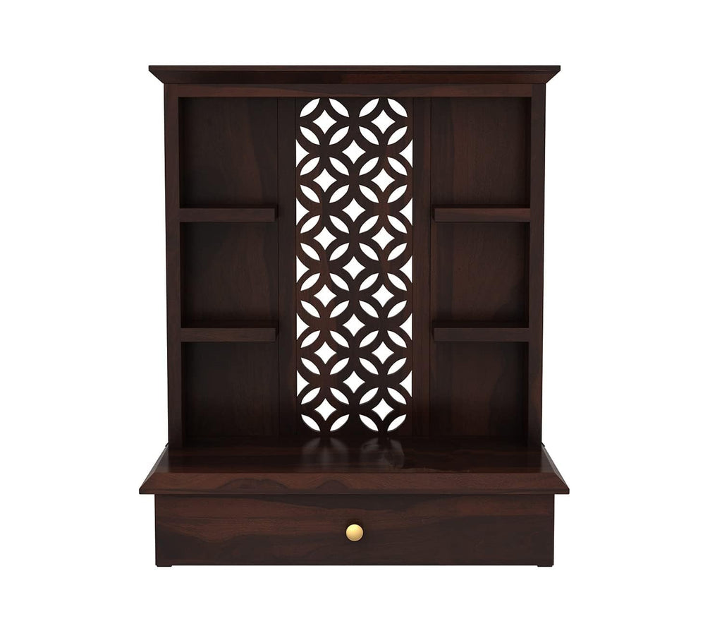 Wooden Temple for Home and Office | Solid Wood Mandir for Puja Ghar with One Large Storage Drawer and 4 Shelf (Sheesham Wood, 1 Piece, Walnut Finish)