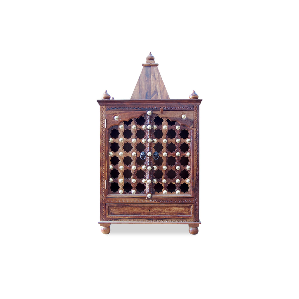 HavenzHome Solid Sheesham Wood Natural Honey Finish Pooja Temple with Double Door and 1 Drawer