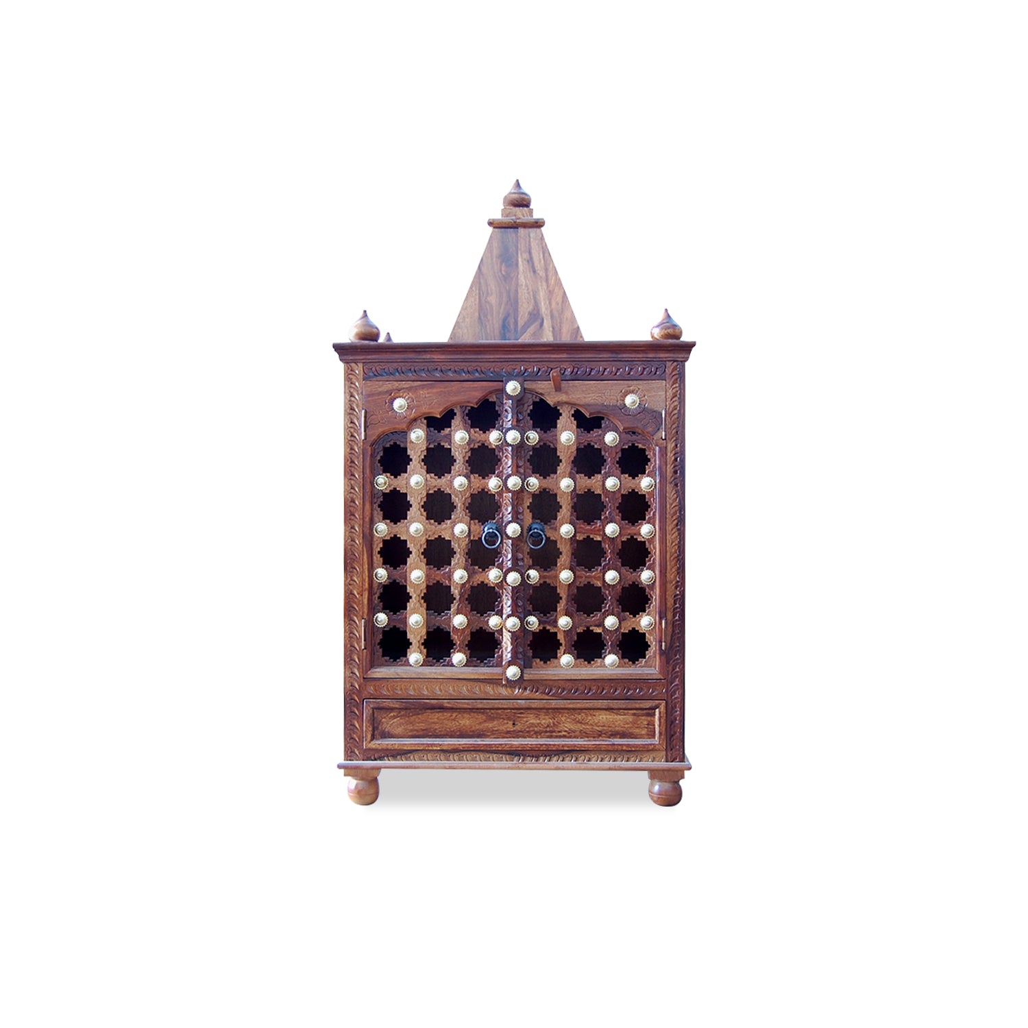 HavenzHome Solid Sheesham Wood Natural Honey Finish Pooja Temple with Double Door and 1 Drawer