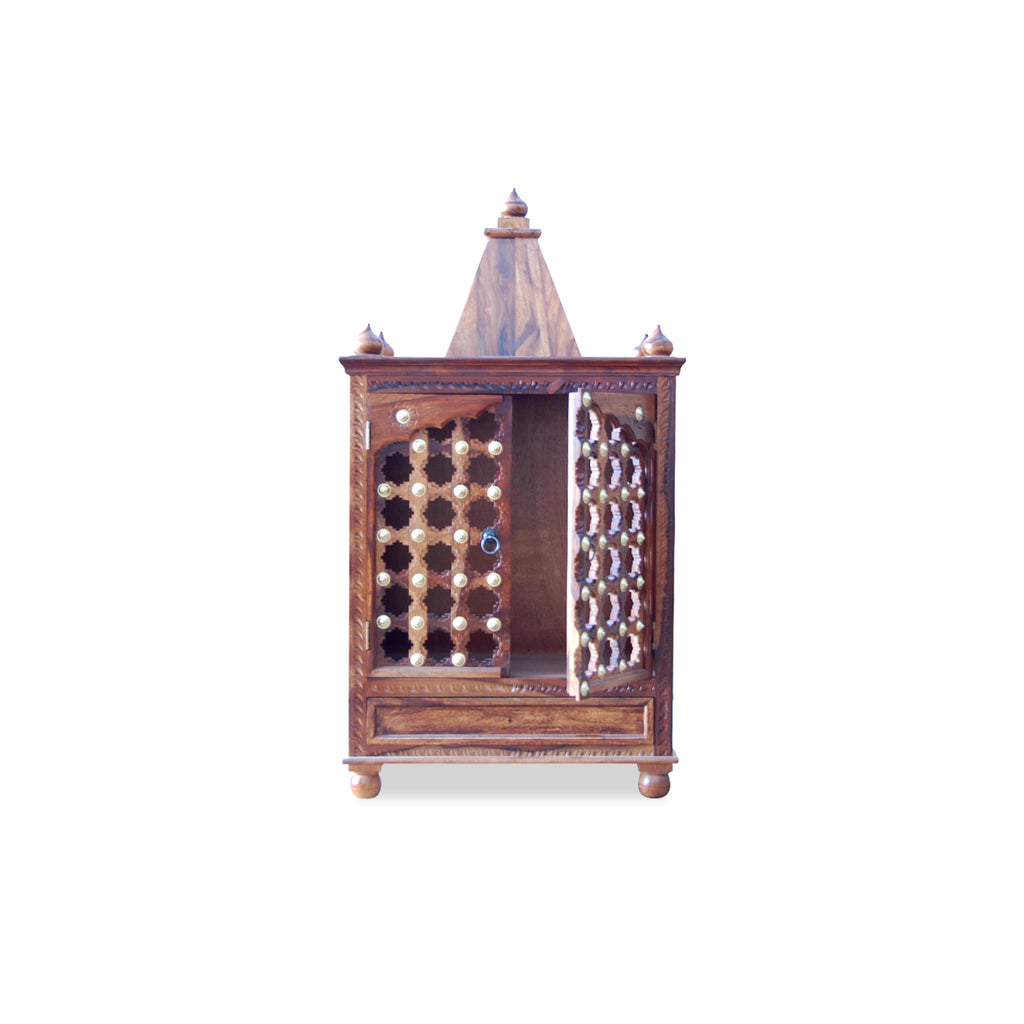 HavenzHome Solid Sheesham Wood Natural Honey Finish Pooja Temple with Double Door and 1 Drawer