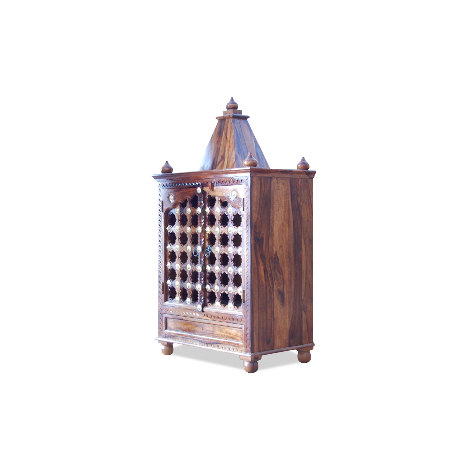 HavenzHome Solid Sheesham Wood Natural Honey Finish Pooja Temple with Double Door and 1 Drawer