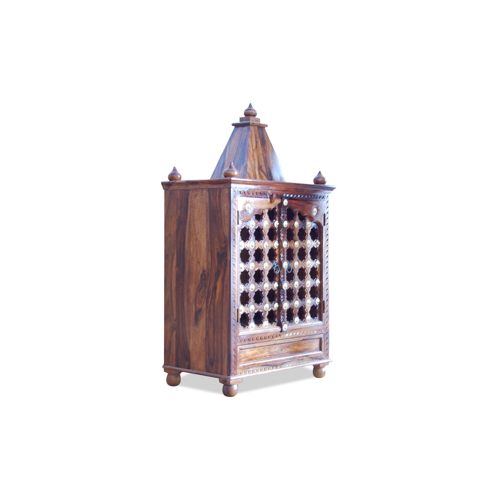 HavenzHome Solid Sheesham Wood Natural Honey Finish Pooja Temple with Double Door and 1 Drawer