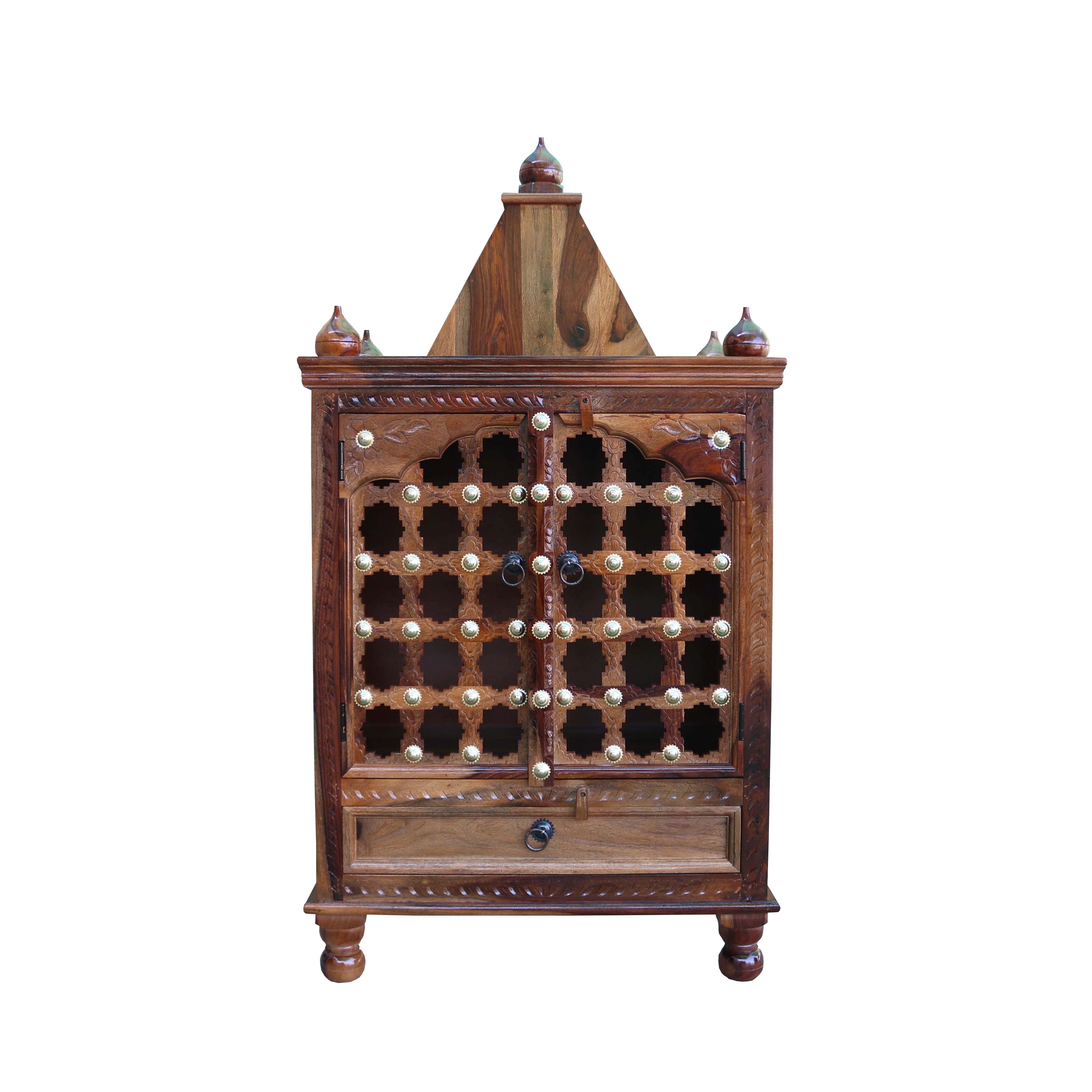 HavenzHome Solid Sheesham Wood Natural Honey Finish Pooja Temple with Double Door and 1 Drawer
