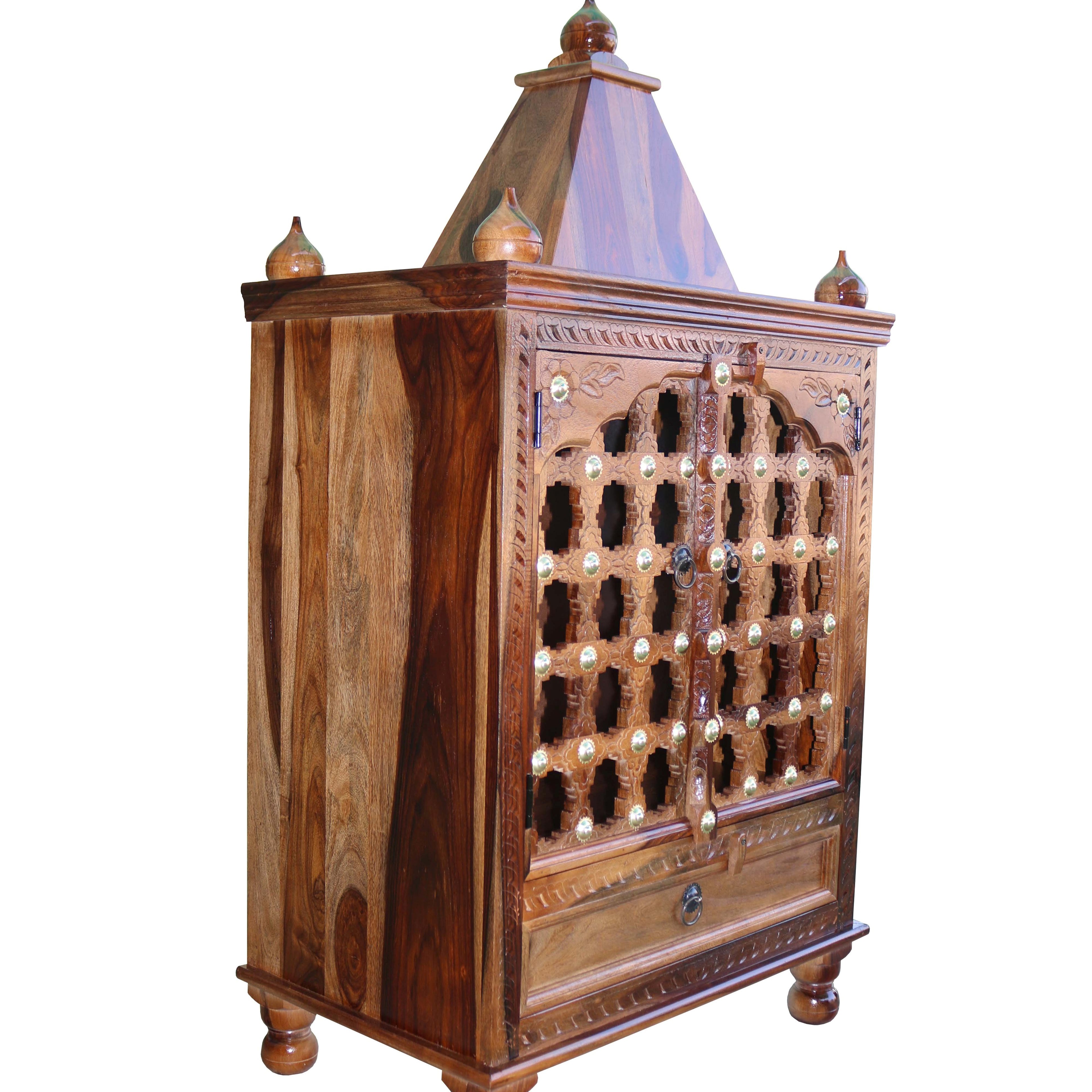 HavenzHome Solid Sheesham Wood Natural Honey Finish Pooja Temple with Double Door and 1 Drawer