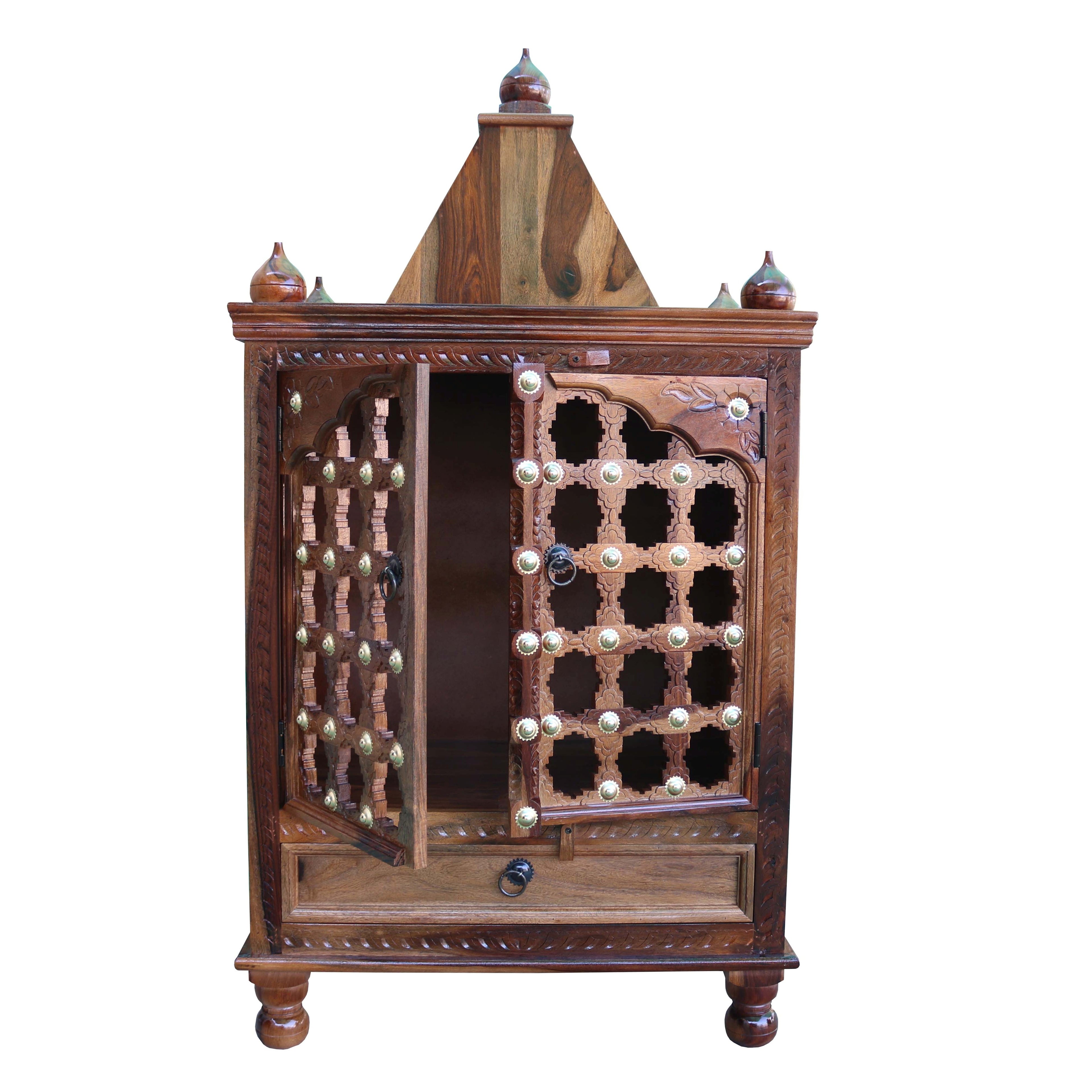HavenzHome Solid Sheesham Wood Natural Honey Finish Pooja Temple with Double Door and 1 Drawer
