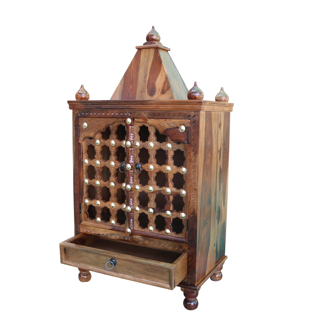 HavenzHome Solid Sheesham Wood Natural Honey Finish Pooja Temple with Double Door and 1 Drawer