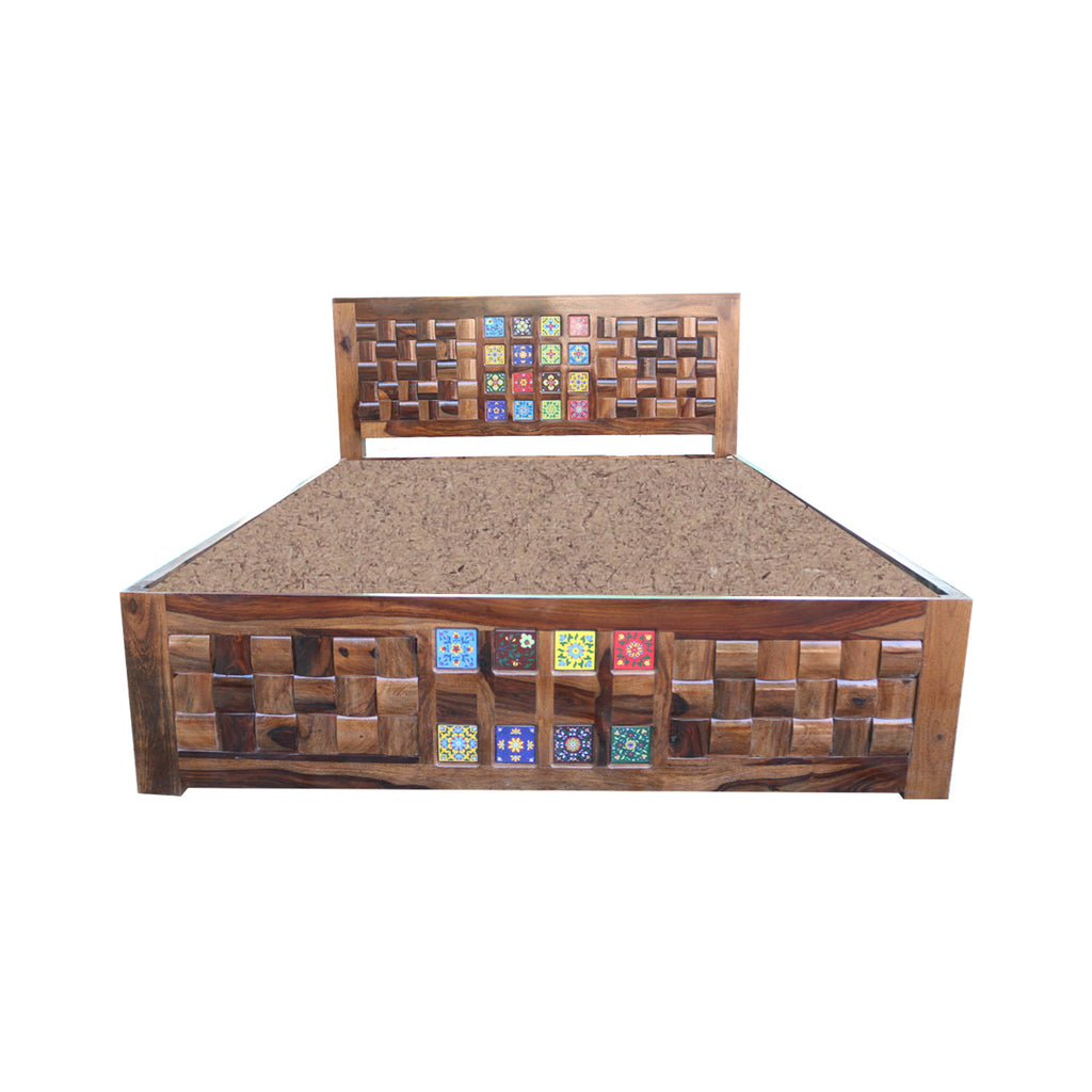 Solid Wood King Size Bed with Ceramic Tile Inlay, Traditional Design, Handcrafted Headboard and Footboard, Brown