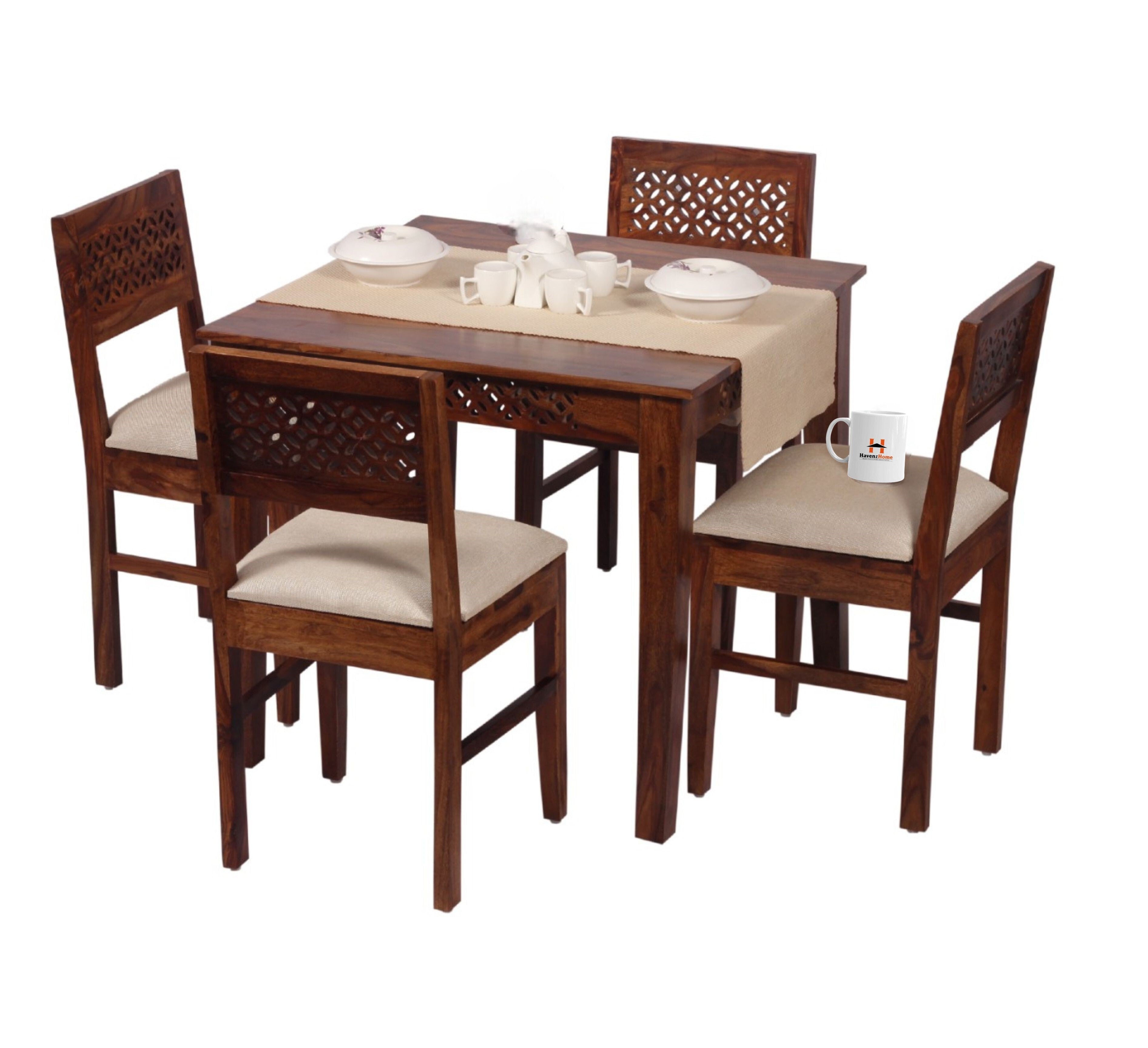 HavenzHome Solid Sheesham Wood Dining Table Set with 4 Cushioned Chairs for Home & Hotel Furniture | Dining Room Furniture