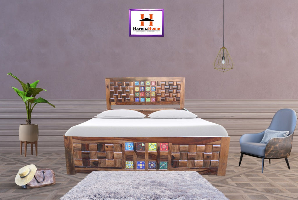 Solid Wood King Size Bed with Ceramic Tile Inlay, Traditional Design, Handcrafted Headboard and Footboard, Brown