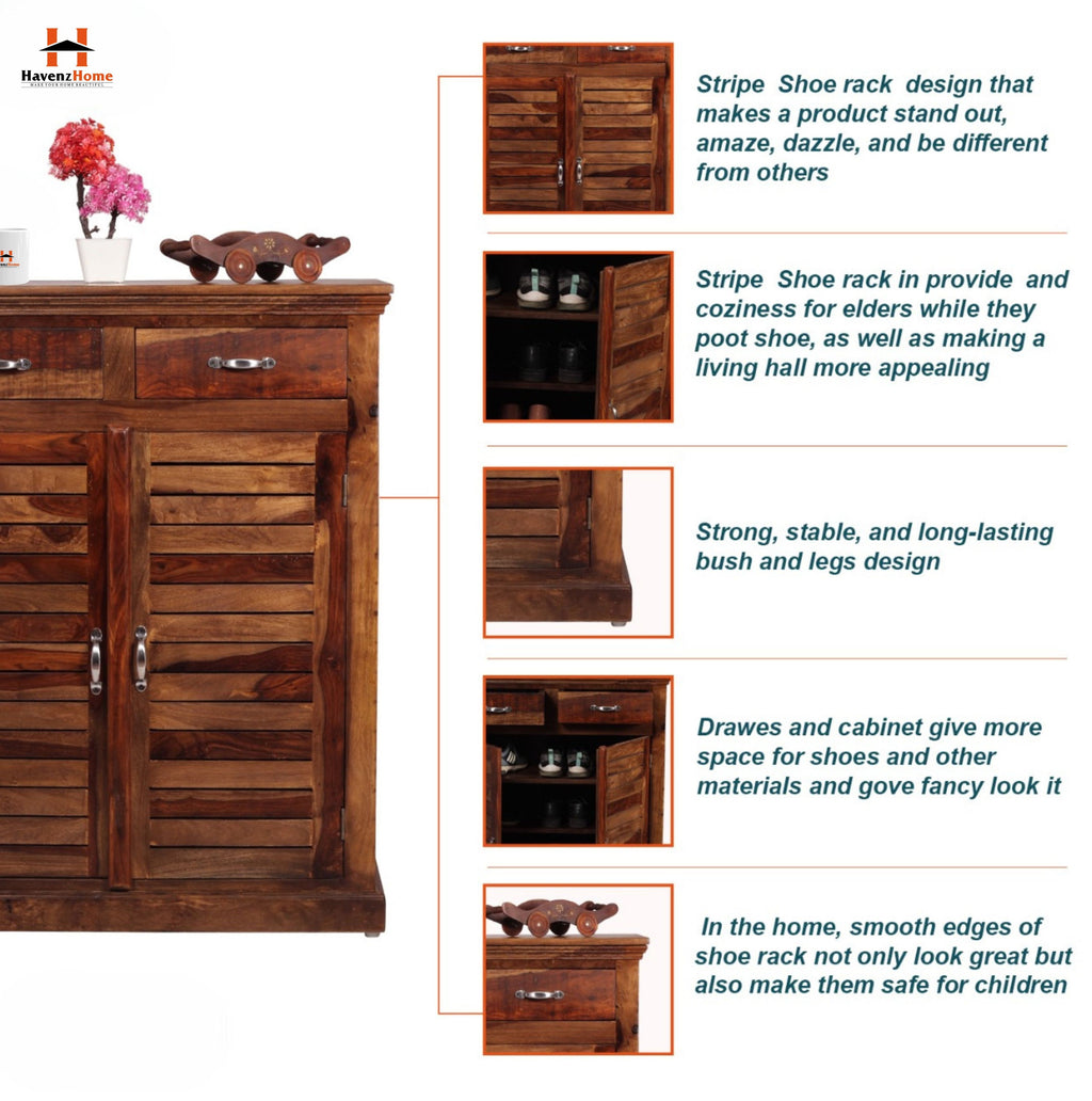 Sheesham Wood 2-Door Shoe Cabinet with 2 Drawer for Home | Wooden Shoe Rack with Storage | Shoe Rack Cabinet | Brown