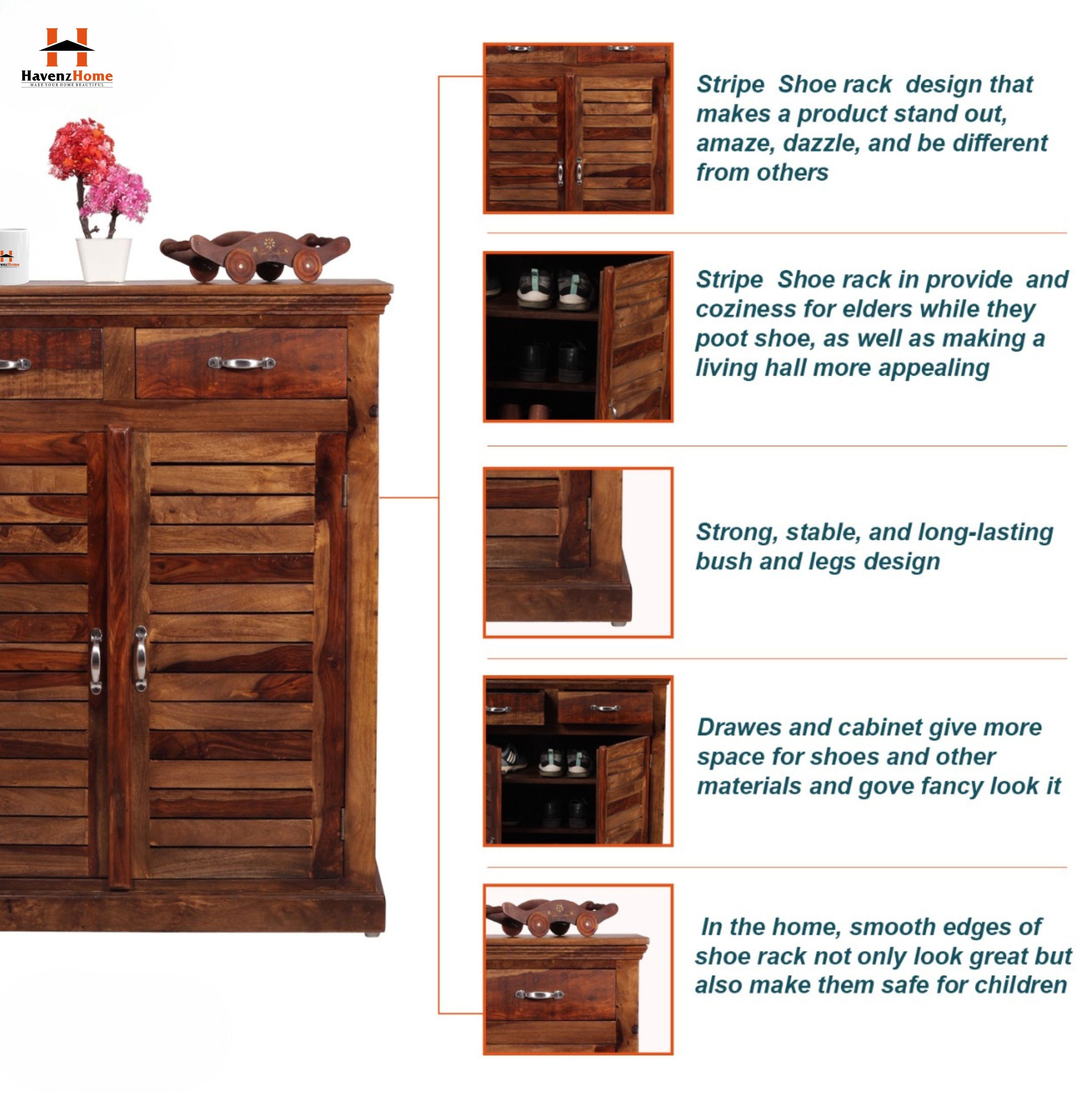 Sheesham Wood 2-Door Shoe Cabinet with 2 Drawer for Home | Wooden Shoe Rack with Storage | Shoe Rack Cabinet | Brown