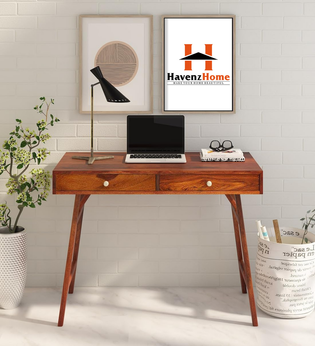 Woody Furniture™ Solid Sheesham Wood Laptop Table for Students Laptop Office Desk Workstation Writing Tables with 2 Drawer for Study Room & Home Made with Indian Sheesham Wood, Honey Finish