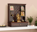 Wooden Temple for Home and Office | Solid Wood Mandir for Puja Ghar with One Large Storage Drawer and 4 Shelf (Sheesham Wood, 1 Piece, Walnut Finish)