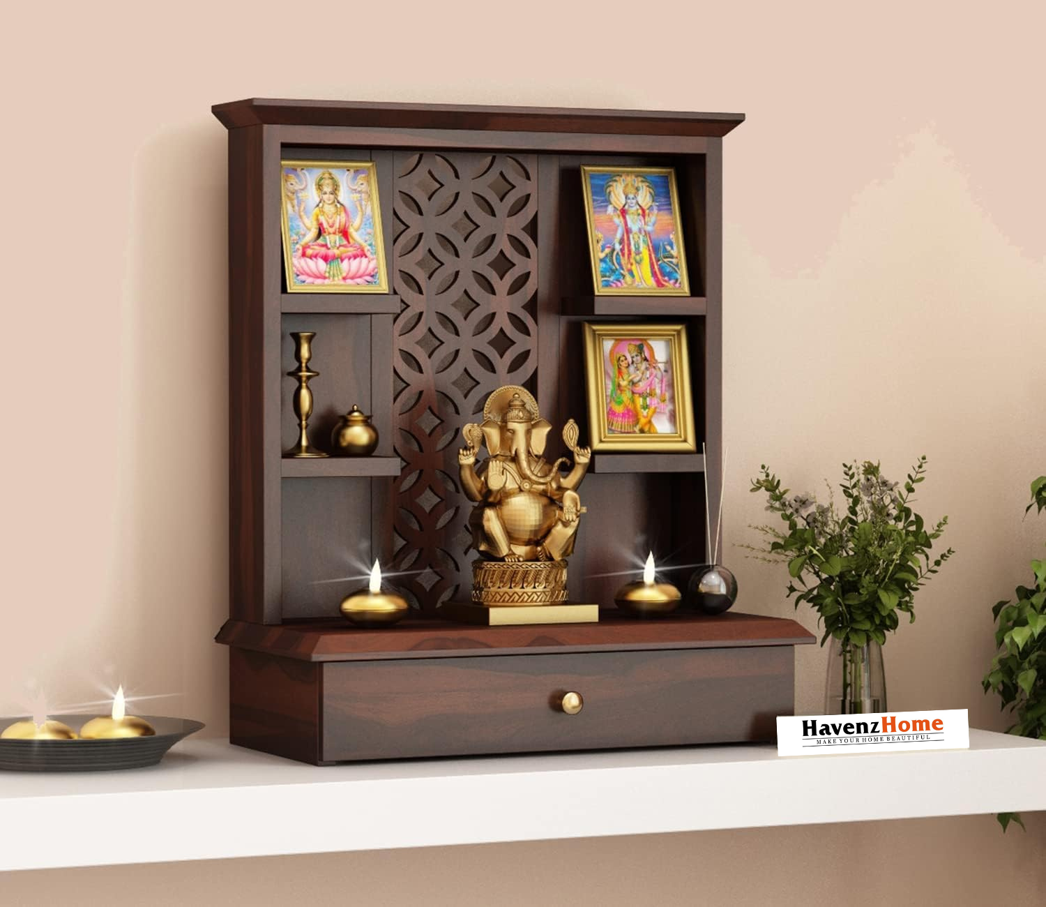 Wooden Temple for Home and Office | Solid Wood Mandir for Puja Ghar with One Large Storage Drawer and 4 Shelf (Sheesham Wood, 1 Piece, Walnut Finish)