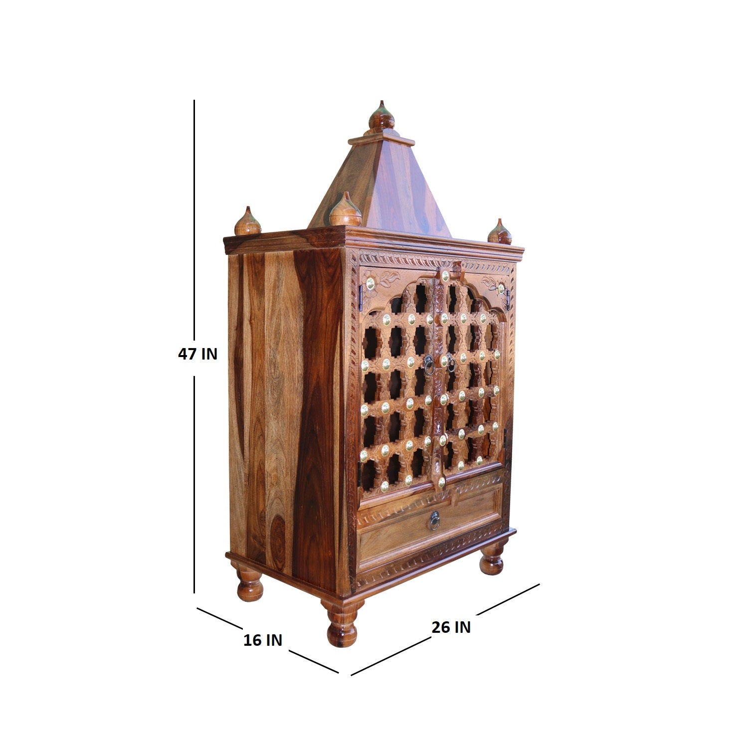 HavenzHome Solid Sheesham Wood Natural Honey Finish Pooja Temple with Double Door and 1 Drawer