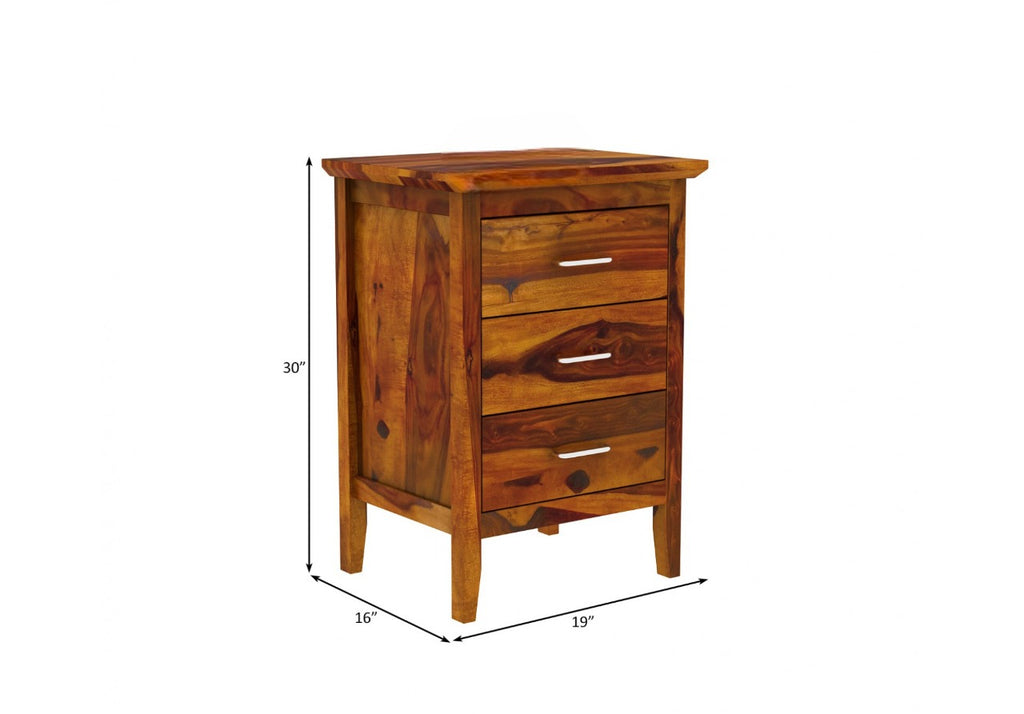 Wooden Bedside Table For Bedroom | Side Table With 3 Drawers Storage For Living Room | Sheesham Wood, Honey Finish