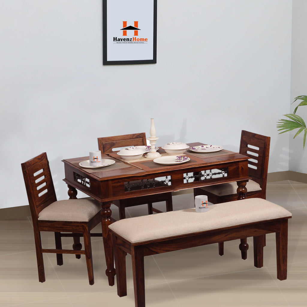 Solid Sheesham Wood Dining Table Set with 3 Cushioned Chairs & Bench for Home & Hotel Furniture | Dining Room Furniture | Natural Honey Finish with Premium Polish (5 Seater)