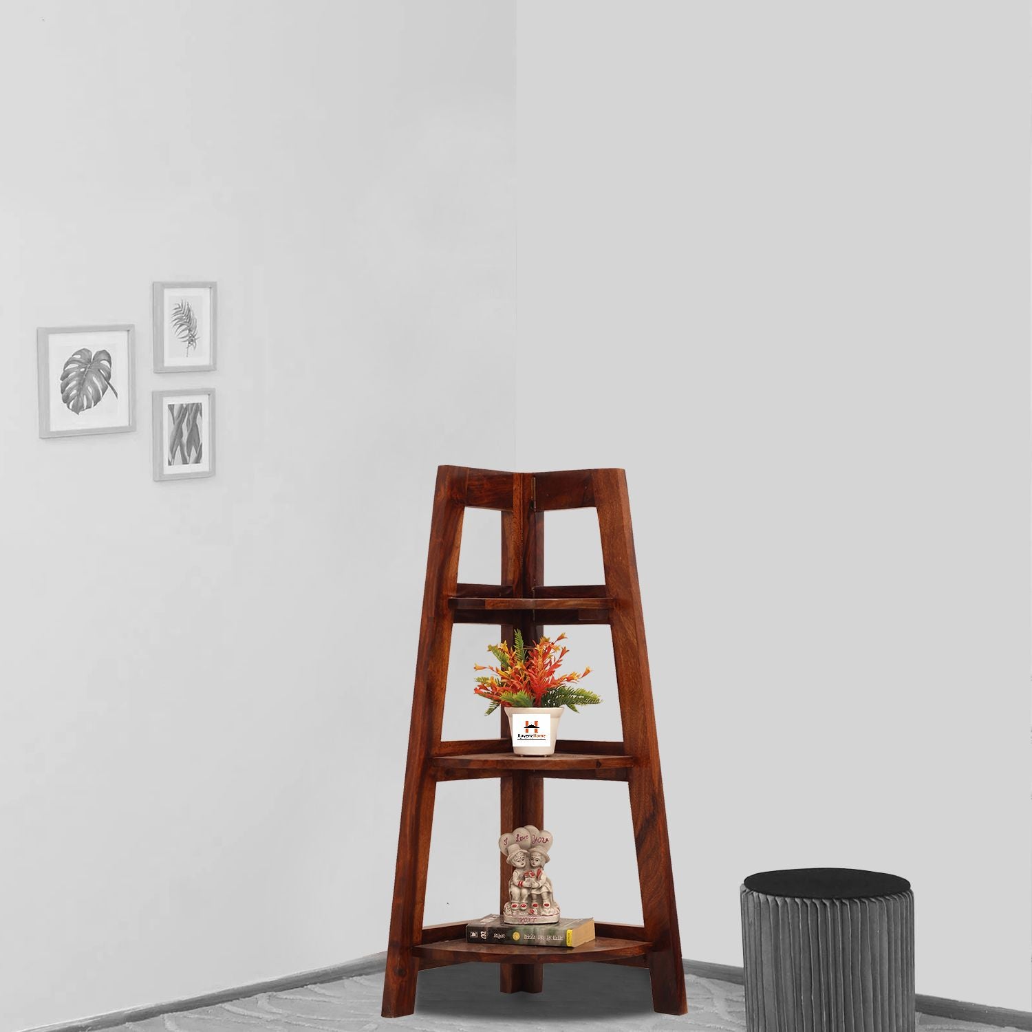 Solid Sheesham Wooden Corner Shelf for Living Room Stylish | Ascending Home Decor Display Rack Storage Organizer Unique Design with 3 Tiers (Natural Honey Oak)