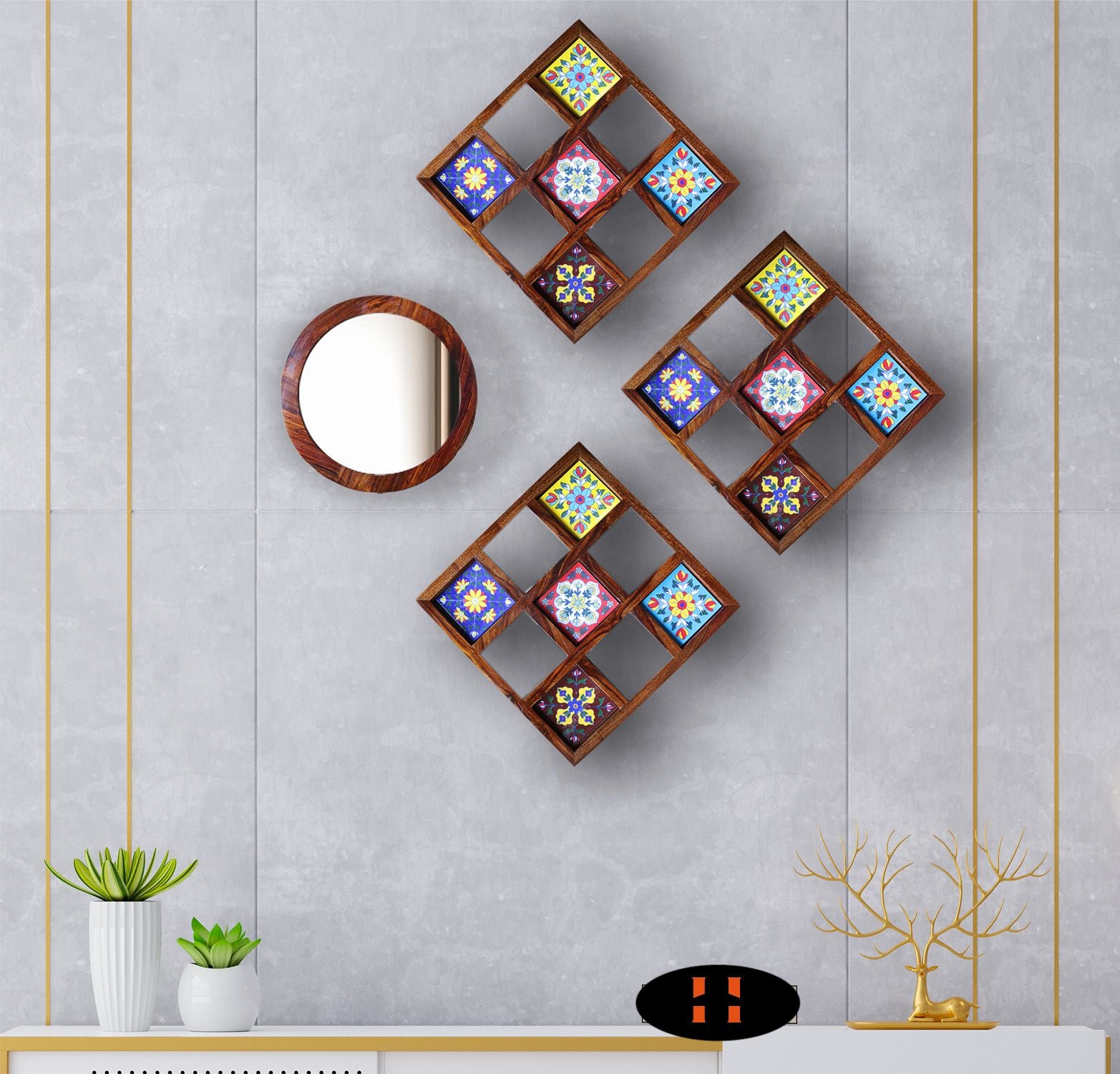 Sheesham Wood Wall Hanging Decoration Item for Home, Wall Plates with Mirror | Office | Gift | Wall Art | Living Room | Bedroom, Decorative Items