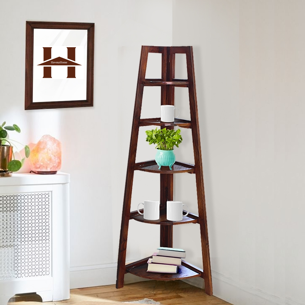 Wooden Corner Bookshelf for Living Room | Book Shelf 5 Tier Ladder Book Cabinet Corner Shelf, Bookshelf for Home Decor | Solid Wood Sheesham, Brown