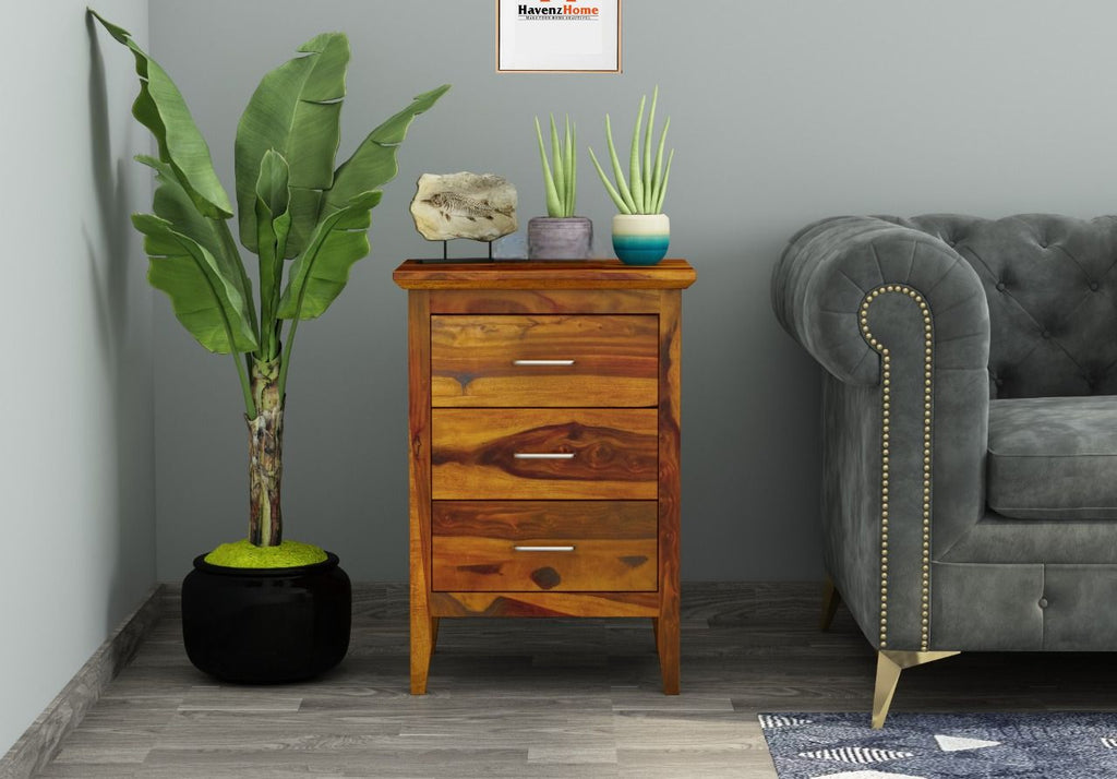 Wooden Bedside Table For Bedroom | Side Table With 3 Drawers Storage For Living Room | Sheesham Wood, Honey Finish