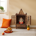 HavenzHome Solid Sheesham Wood Natural Honey Finish Pooja Temple with Double Door and 1 Drawer