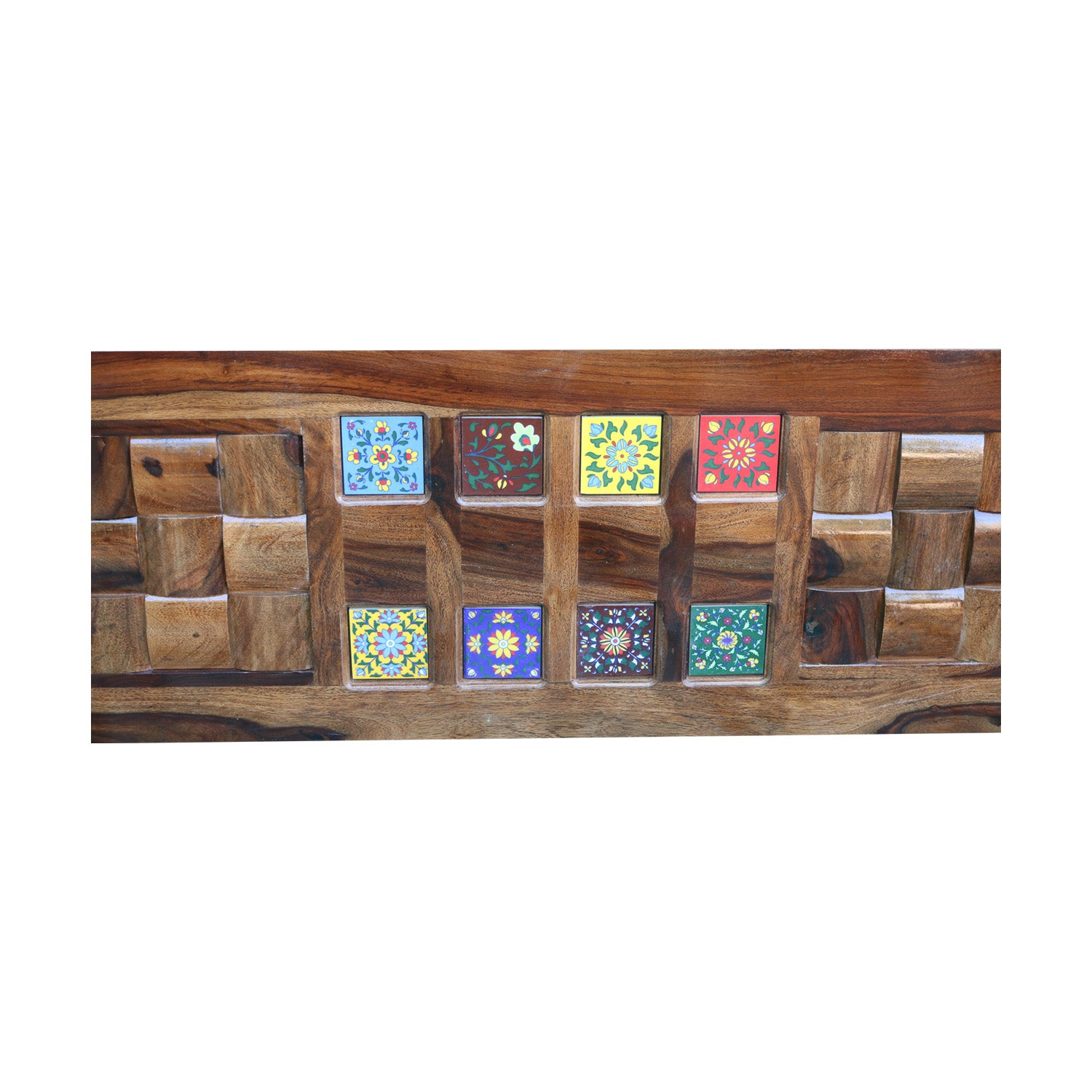 Solid Wood King Size Bed with Ceramic Tile Inlay, Traditional Design, Handcrafted Headboard and Footboard, Brown