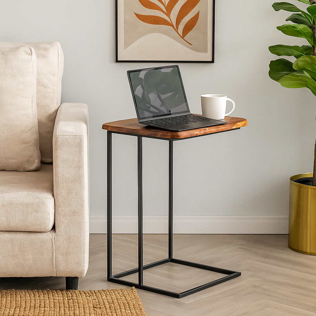 Metal Frame Solid Sheesham Wood C Shape Laptop Table for Office end Study Room Side Table Night Stand Wooden Furniture - (Natural Finish)