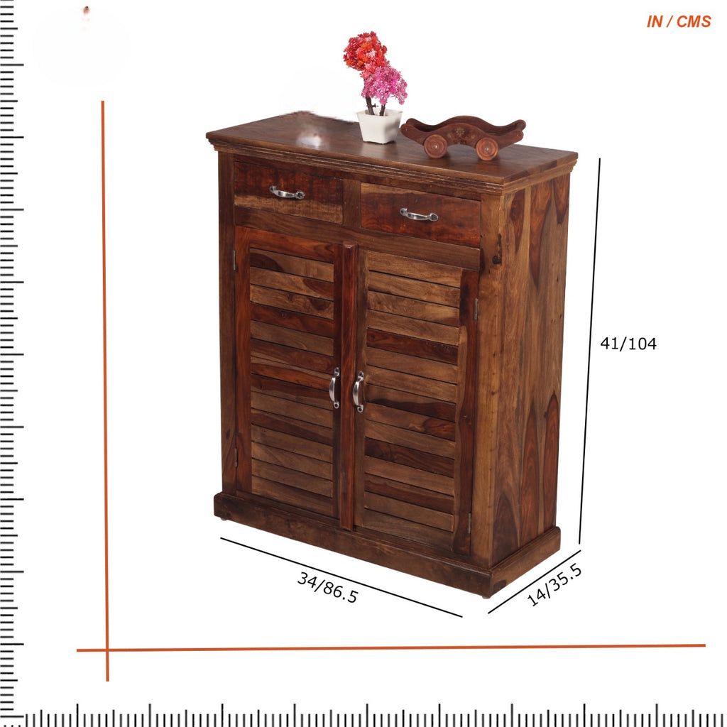 Sheesham Wood 2-Door Shoe Cabinet with 2 Drawer for Home | Wooden Shoe Rack with Storage | Shoe Rack Cabinet | Brown
