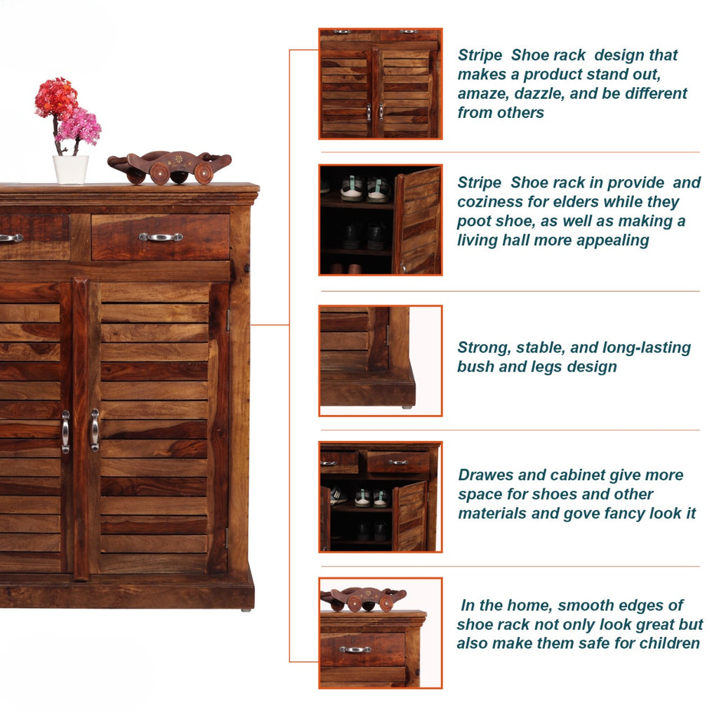 Sheesham Wood 2-Door Shoe Cabinet with 2 Drawer for Home | Wooden Shoe Rack with Storage | Shoe Rack Cabinet | Brown