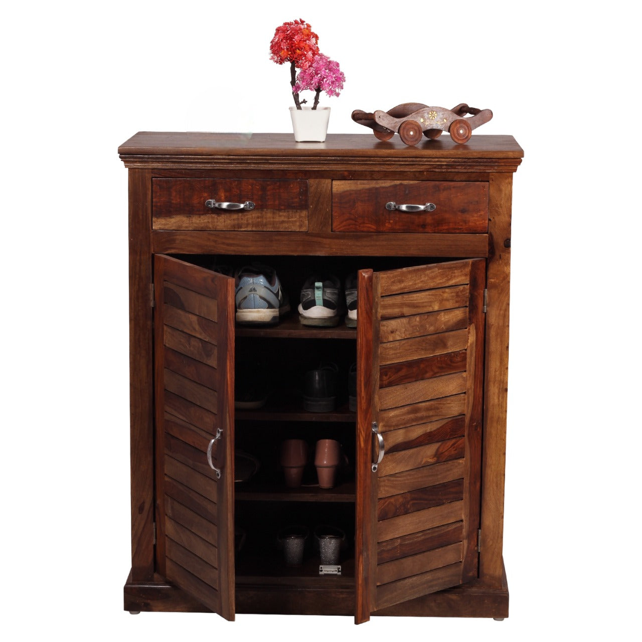 Sheesham Wood 2-Door Shoe Cabinet with 2 Drawer for Home | Wooden Shoe Rack with Storage | Shoe Rack Cabinet | Brown