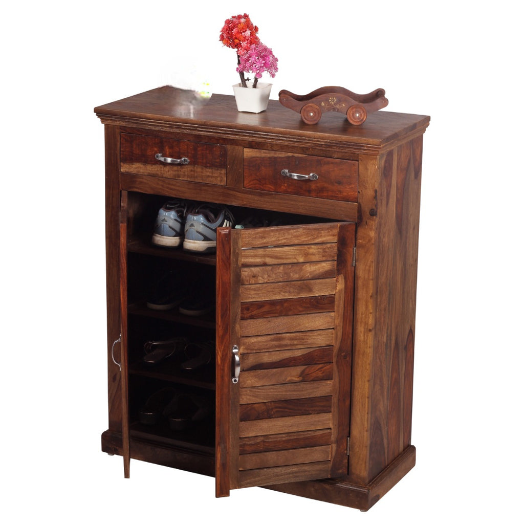 Sheesham Wood 2-Door Shoe Cabinet with 2 Drawer for Home | Wooden Shoe Rack with Storage | Shoe Rack Cabinet | Brown